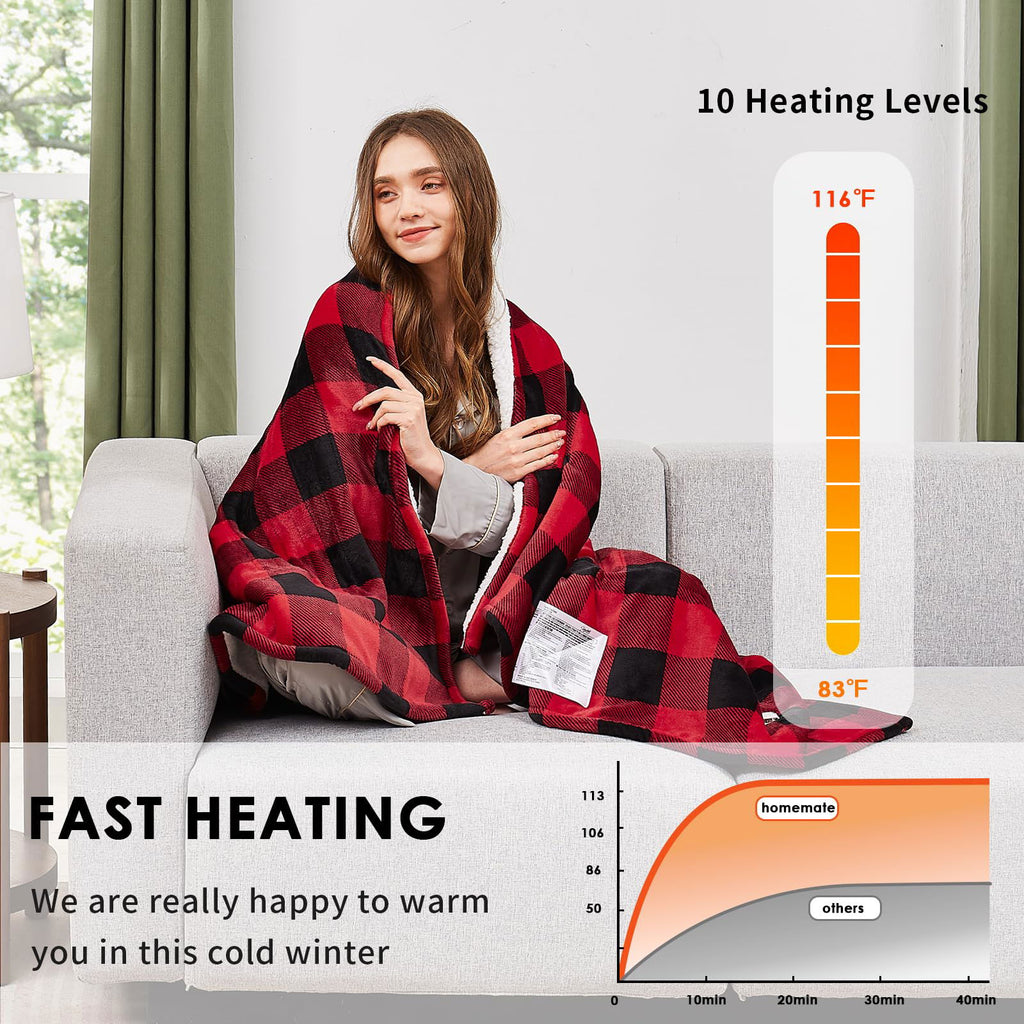 Homemate Electric Blanket Heated Throw - 50“x60“ Ultra Soft Cozy Flannel Heating Blanket with 10 Fast Heat Levels 8 Hours Auto Off Over-Heated Protection ETL Certification Keep Warm in Home Office - Grand Goldman