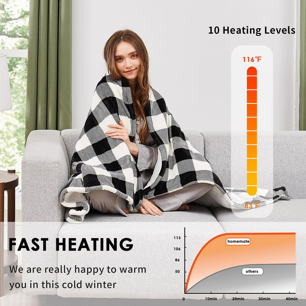 Homemate Electric Blanket Heated Throw - 50“x60“ Ultra Soft Cozy Flannel Heating Blanket with 10 Fast Heat Levels 8 Hours Auto Off Over-Heated Protection ETL Certification Keep Warm in Home Office - Grand Goldman