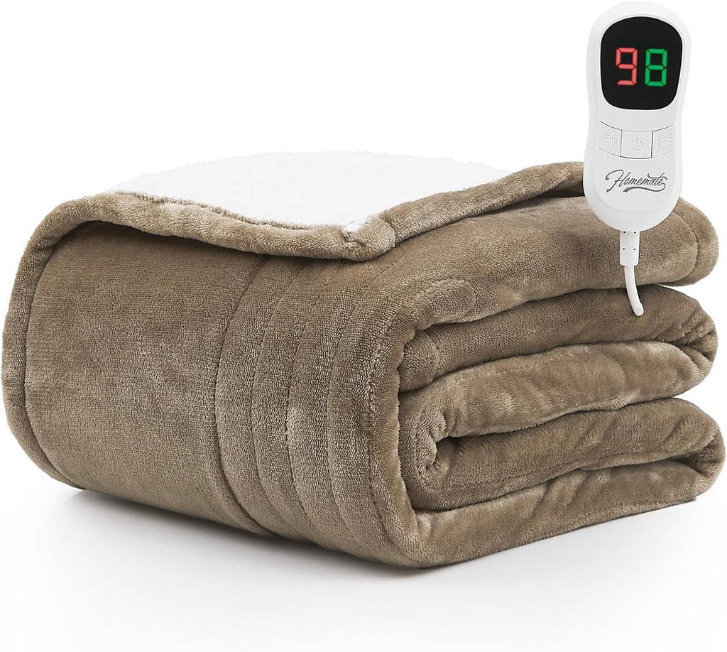 Homemate Heated Blanket Electric Throw - 50"x60" Heating Blanket Throw 1/2/4/6/8 Hours Auto-off 10 Heat Level Heat Blanket Over-heat Protection Flannel Sherpa Heater Blanket Electric ETL Certification - Grand Goldman