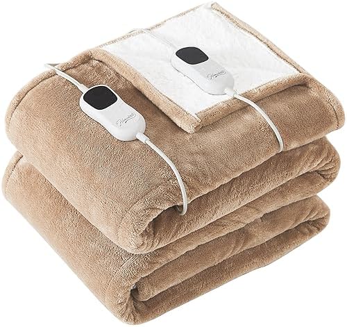 Homemate Heated Blanket Electric Throw - 50"x60" Heating Blanket Throw 1/2/4/6/8 Hours Auto-off 10 Heat Level Heat Blanket Over-heat Protection Flannel Sherpa Heater Blanket Electric ETL Certification - Grand Goldman