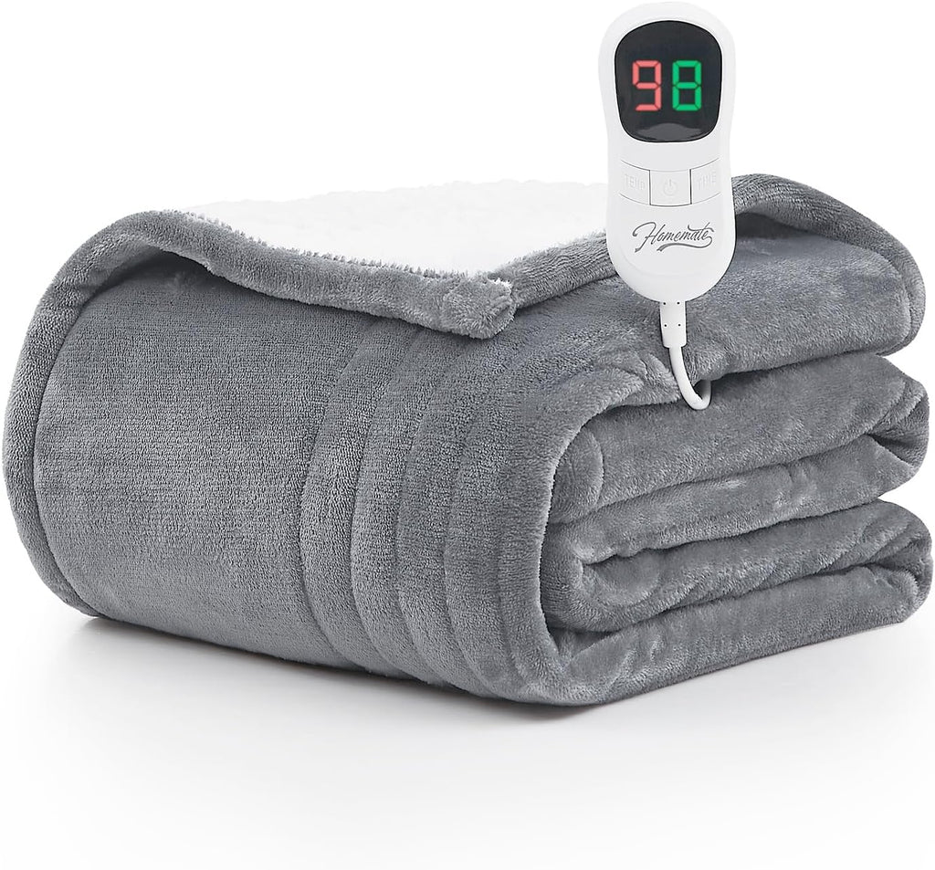 Homemate Heated Blanket Electric Throw - 50"x60" Heating Blanket Throw 1/2/4/6/8 Hours Auto-off 10 Heat Level Heat Blanket Over-heat Protection Flannel Sherpa Heater Blanket Electric ETL Certification - Grand Goldman