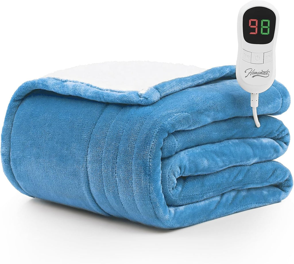 Homemate Heated Blanket Electric Throw - 50"x60" Heating Blanket Throw 1/2/4/6/8 Hours Auto-off 10 Heat Level Heat Blanket Over-heat Protection Flannel Sherpa Heater Blanket Electric ETL Certification - Grand Goldman