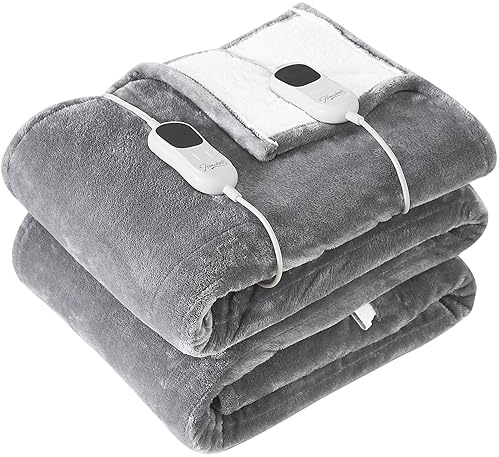 Homemate Heated Blanket Electric Throw - 50"x60" Heating Blanket Throw 1/2/4/6/8 Hours Auto-off 10 Heat Level Heat Blanket Over-heat Protection Flannel Sherpa Heater Blanket Electric ETL Certification - Grand Goldman