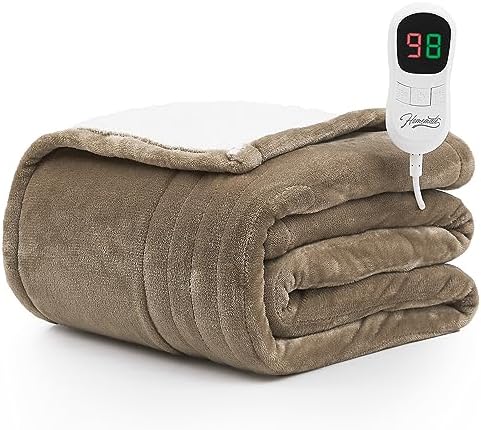 Homemate Heated Blanket Electric Throw - 50"x60" Heating Blanket Throw 1/2/4/6/8 Hours Auto-off 10 Heat Level Heat Blanket Over-heat Protection Flannel Sherpa Heater Blanket Electric ETL Certification - Grand Goldman