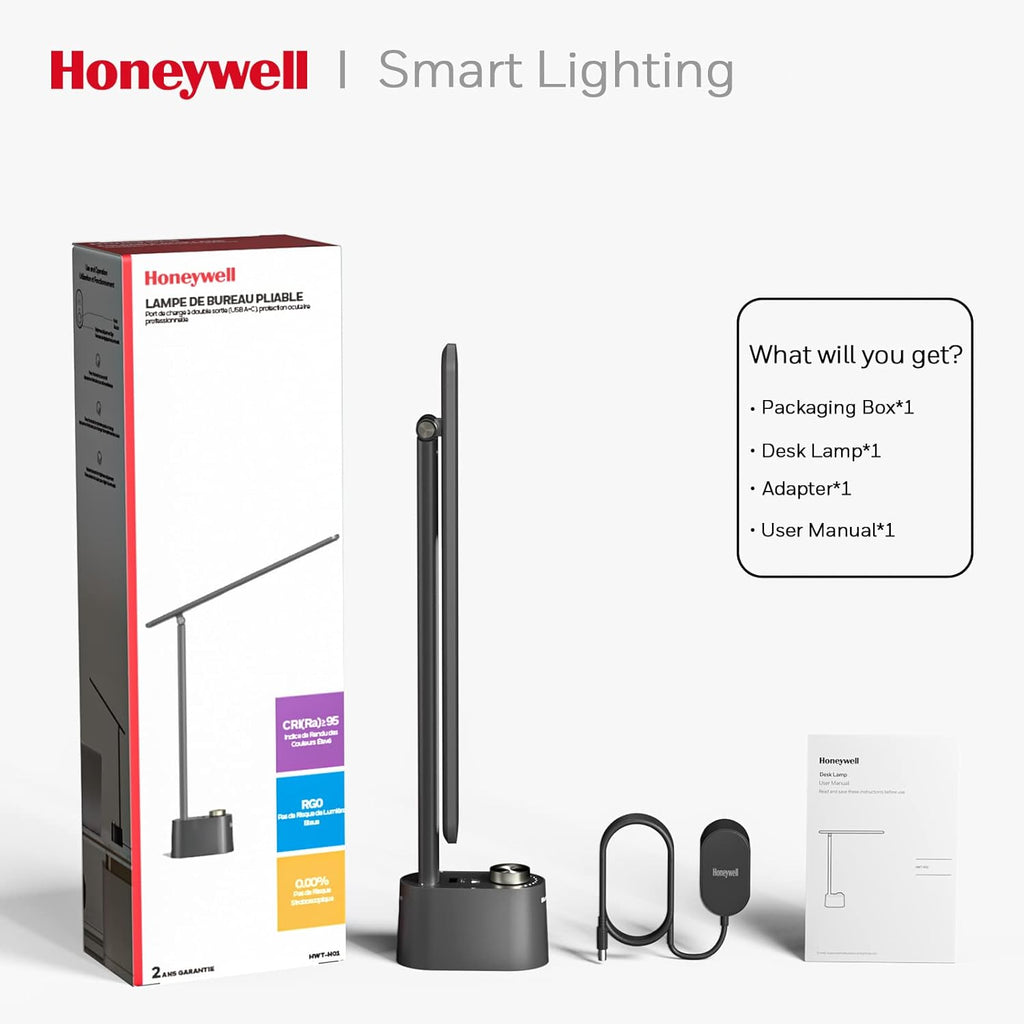 Honeywell Sunturalux™ LED Desk Lamp with USB Charging Ports HWT-H01 - Stepless Dimmable Eye Caring Desk Light for Home Office Bedroom Bedside College Dorm, Foldable Table Lamp Reading Lamp Black - Grand Goldman