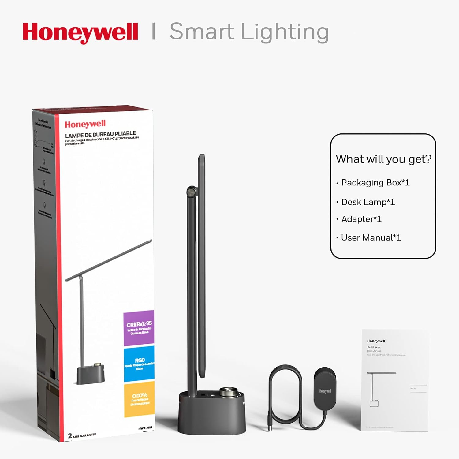 Honeywell Sunturalux™ LED Desk Lamp with USB Charging Ports HWT-H01 - Stepless Dimmable Eye Caring Desk Light for Home Office Bedroom Bedside College Dorm, Foldable Table Lamp Reading Lamp Black - Grand Goldman