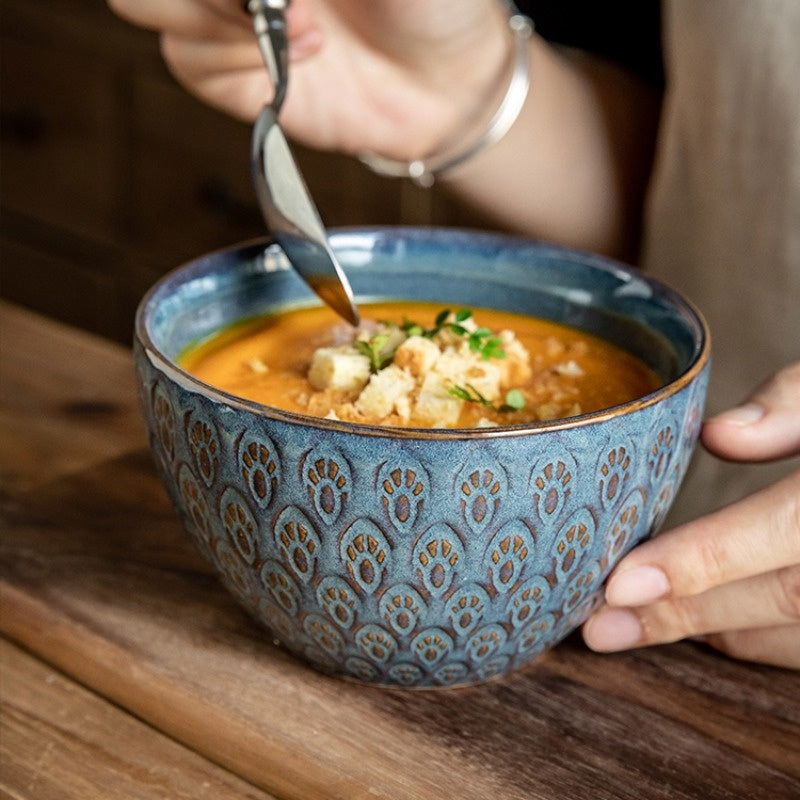 Household 5-inch Ceramic Peacock Relief Rice Bowl - Grand Goldman