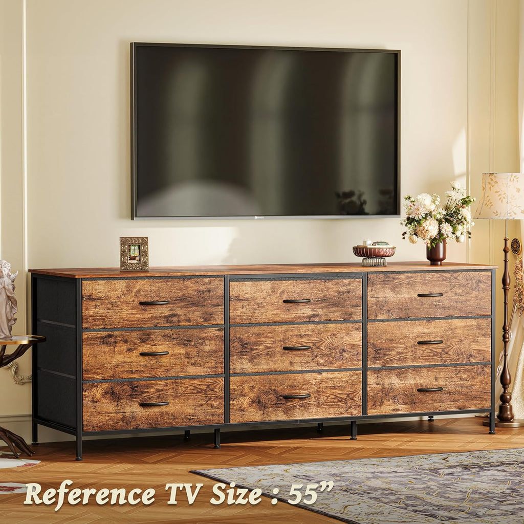 Huuger 9 Drawer Dresser, 63 Inch Dresser TV Stand for 55, 65, 70 Inch TV, Entertainment Center with Drawers, Large Long Fabric Dresser for Bedroom, Closet, Rustic Brown - Grand Goldman
