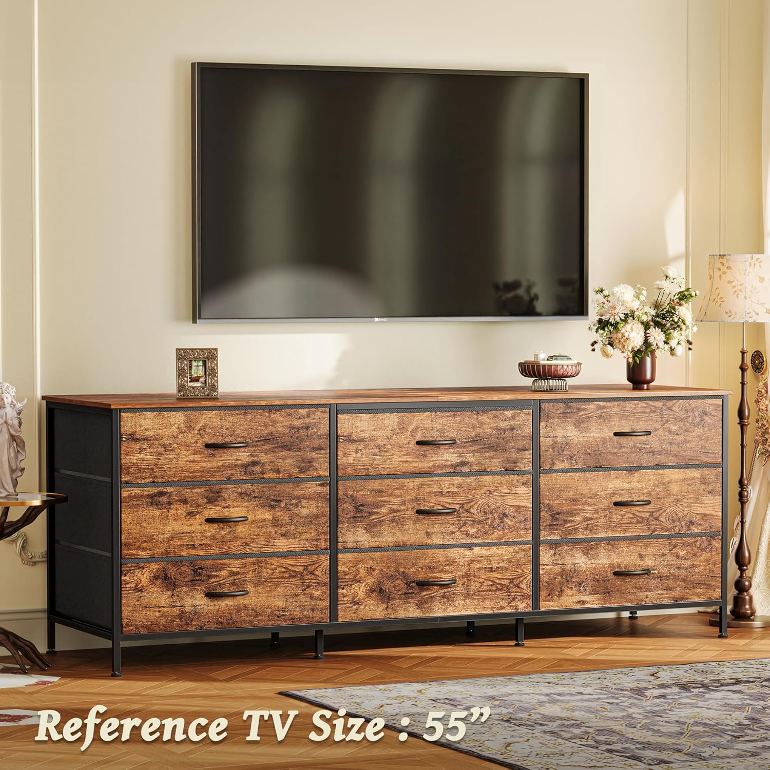 Huuger 9 Drawer Dresser, 63 Inch Dresser TV Stand for 55, 65, 70 Inch TV, Entertainment Center with Drawers, Large Long Fabric Dresser for Bedroom, Closet, Rustic Brown - Grand Goldman