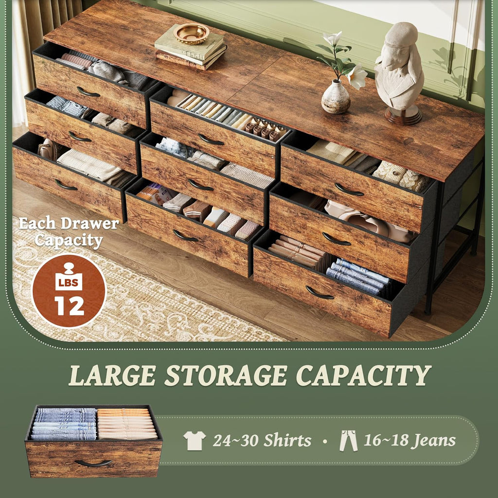 Huuger 9 Drawer Dresser, 63 Inch Dresser TV Stand for 55, 65, 70 Inch TV, Entertainment Center with Drawers, Large Long Fabric Dresser for Bedroom, Closet, Rustic Brown - Grand Goldman