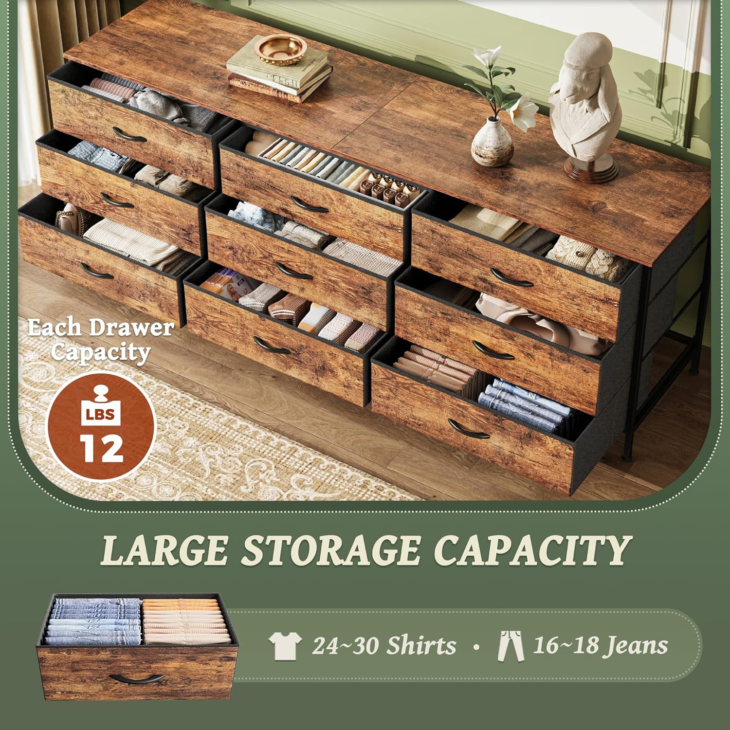 Huuger 9 Drawer Dresser, 63 Inch Dresser TV Stand for 55, 65, 70 Inch TV, Entertainment Center with Drawers, Large Long Fabric Dresser for Bedroom, Closet, Rustic Brown - Grand Goldman