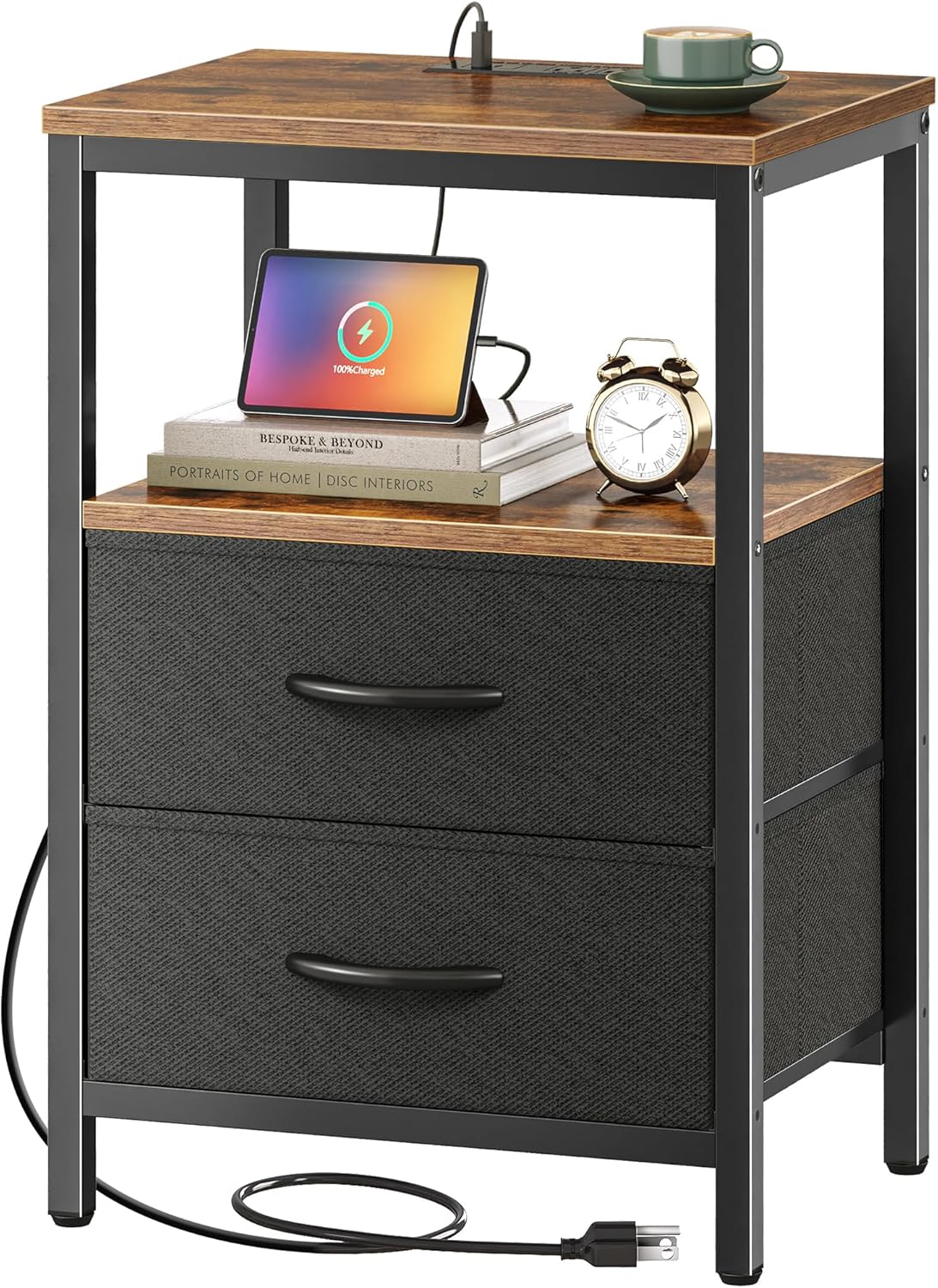 Huuger Nightstand with Charging Station, Side Table with Fabric Drawers, End Table with Open Shelf, Bedside Table with USB Ports and Outlets, Night Stand for Bedroom, Rustic Brown and Black - Grand Goldman