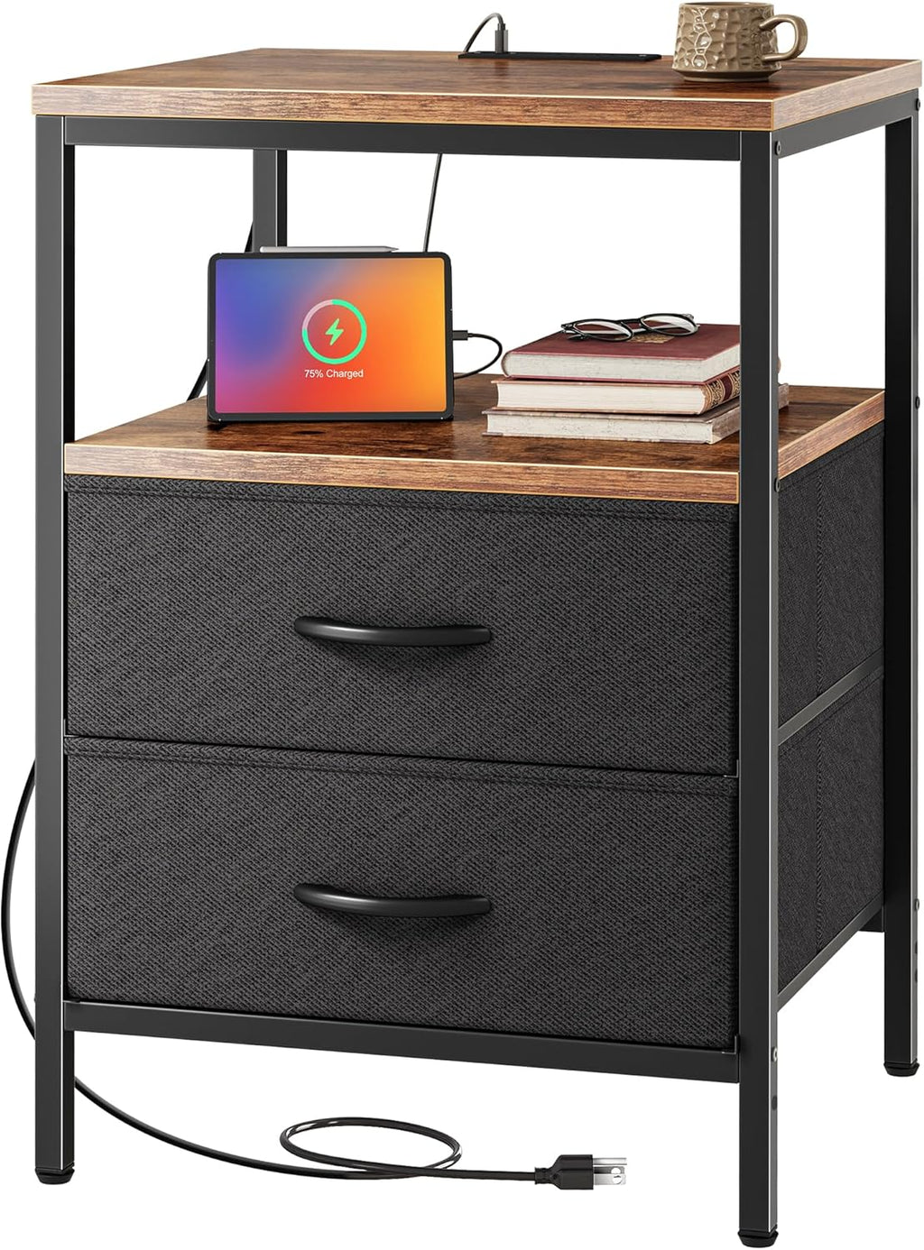 Huuger Nightstand with Charging Station, Side Table with Fabric Drawers, End Table with Open Shelf, Bedside Table with USB Ports and Outlets, Night Stand for Bedroom, Rustic Brown and Black - Grand Goldman