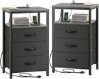 Huuger Nightstand with Charging Station, Side Table with Fabric Drawers, End Table with Open Shelf, Bedside Table with USB Ports and Outlets, Night Stand for Bedroom, Rustic Brown and Black - Grand Goldman