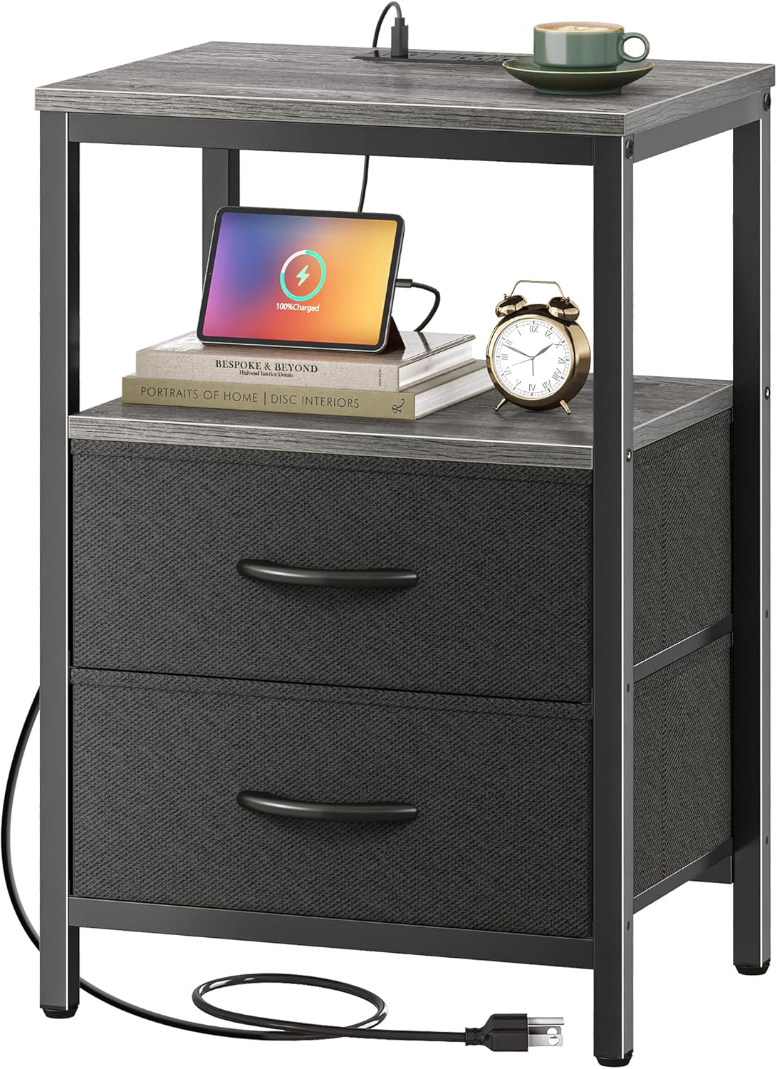 Huuger Nightstand with Charging Station, Side Table with Fabric Drawers, End Table with Open Shelf, Bedside Table with USB Ports and Outlets, Night Stand for Bedroom, Rustic Brown and Black - Grand Goldman
