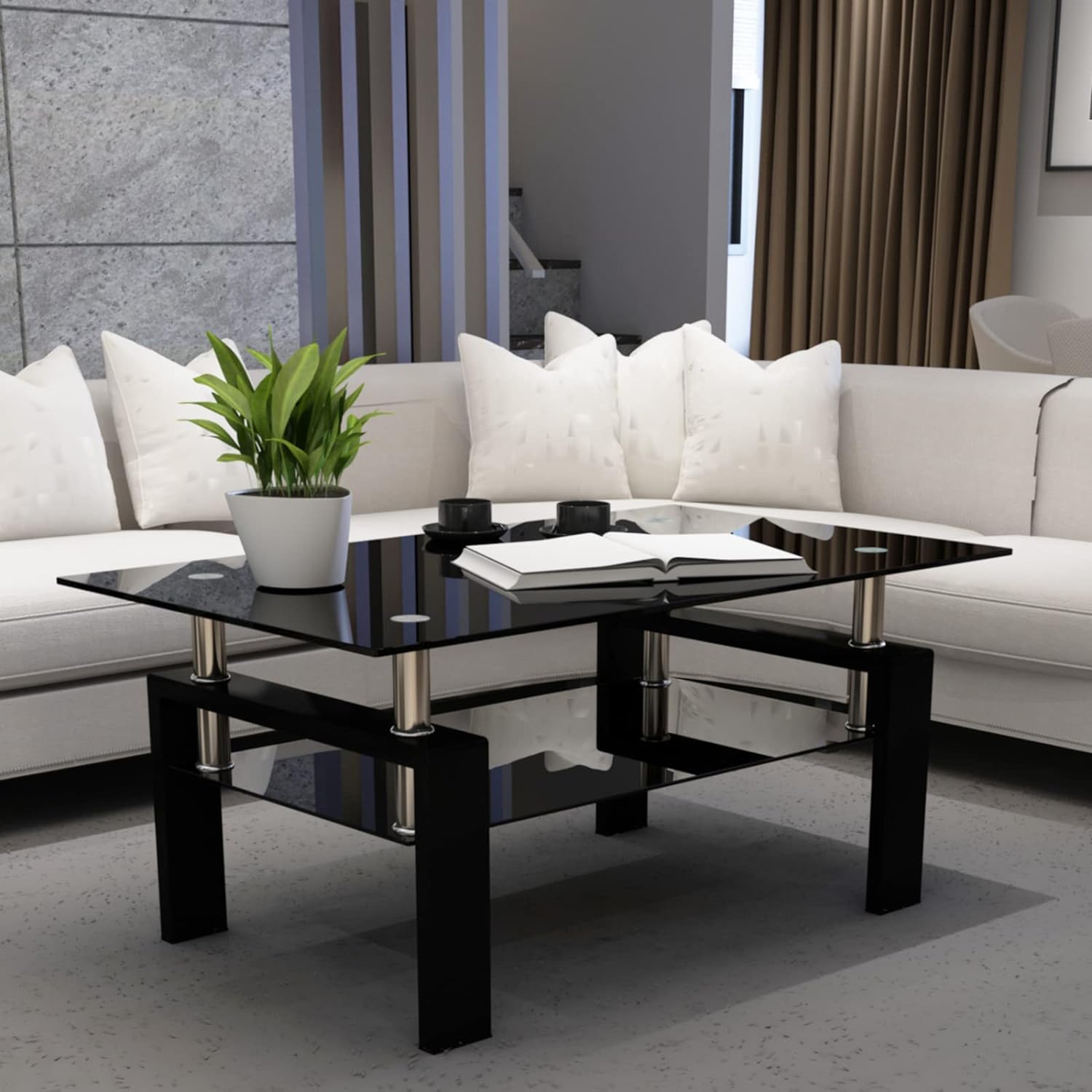 IANIYA Clear Glass Coffee Table Metal Tube (All-Black) - Grand Goldman