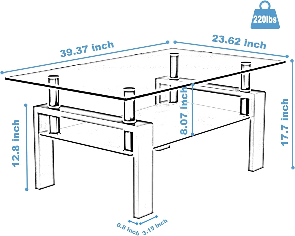 IANIYA Clear Glass Coffee Table Metal Tube (All-Black) - Grand Goldman