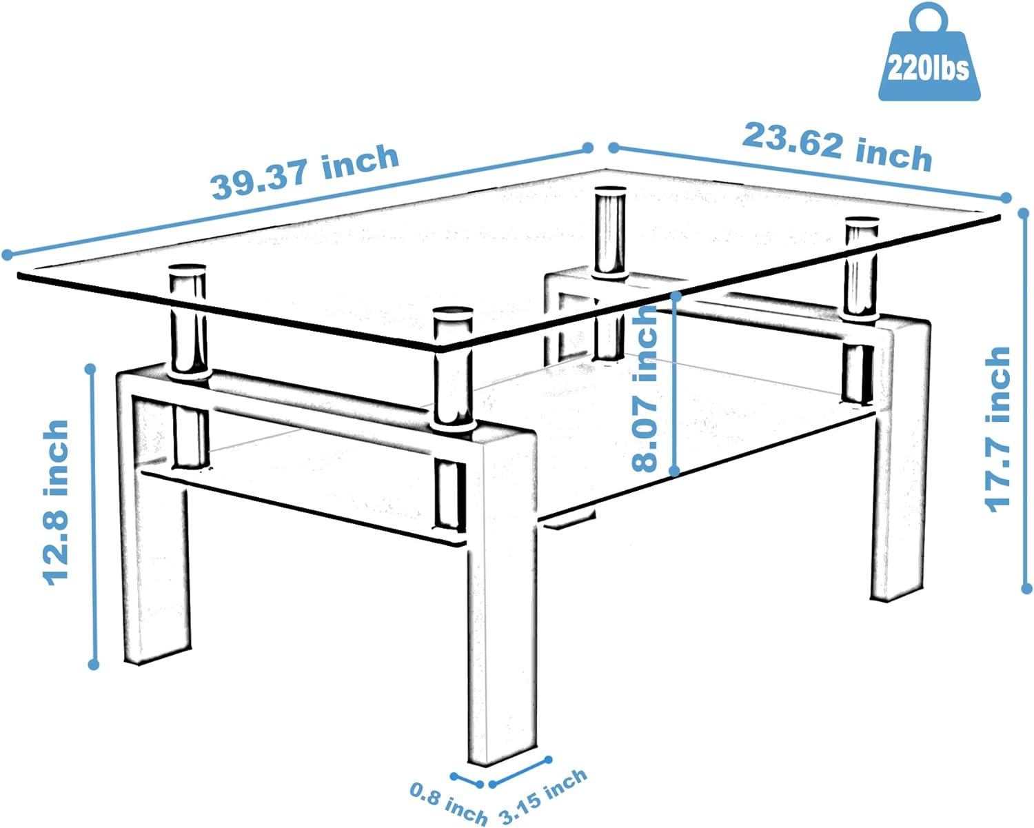 IANIYA Clear Glass Coffee Table Metal Tube (All-Black) - Grand Goldman