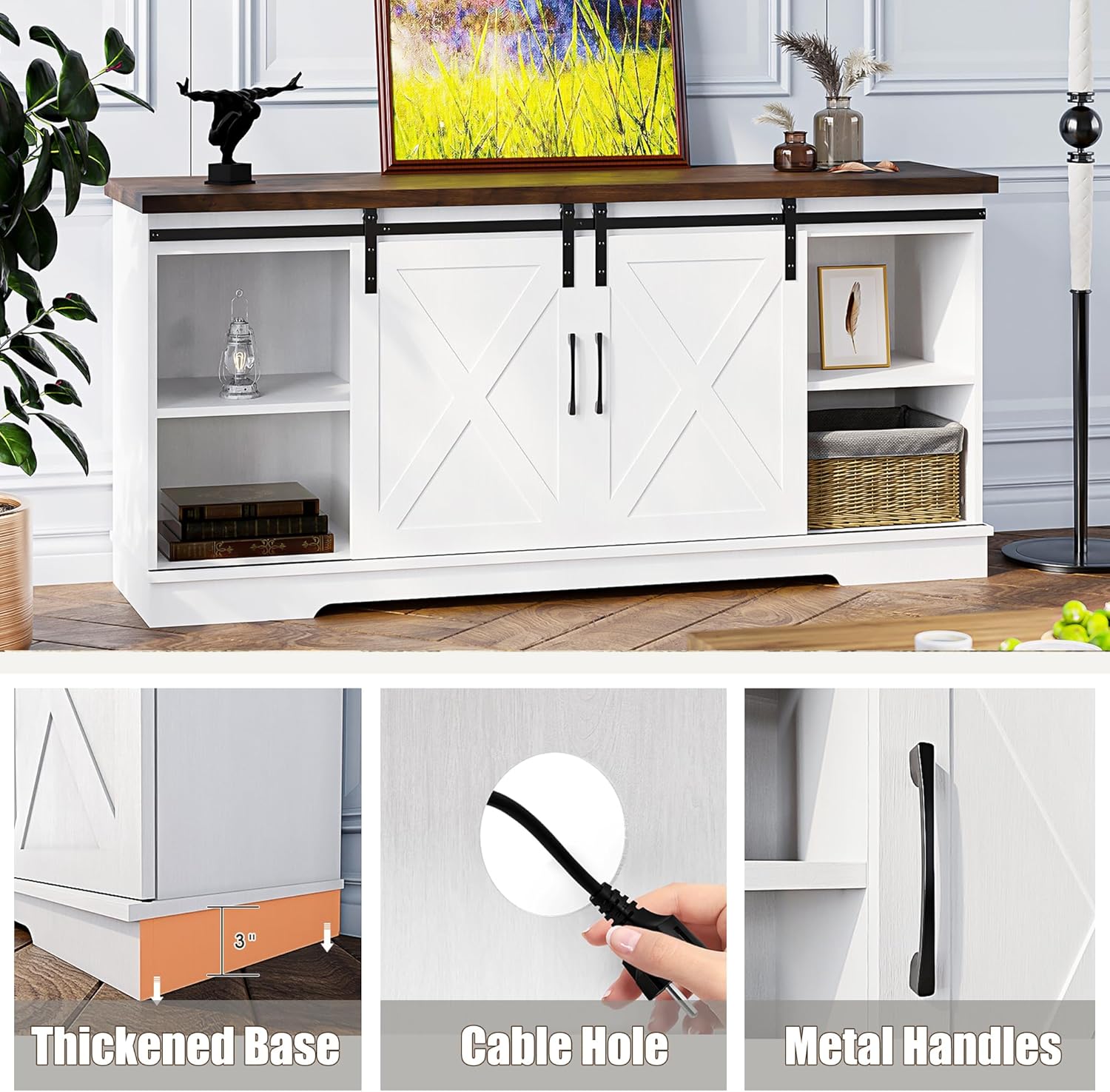 IDEALHOUSE Farmhouse TV Stand for 65 Inch TV, Entertainment Center with Storage and Sliding Barn Doors, Modern Media TV Console TV Stands for Living Room Bedroom (White) - Grand Goldman