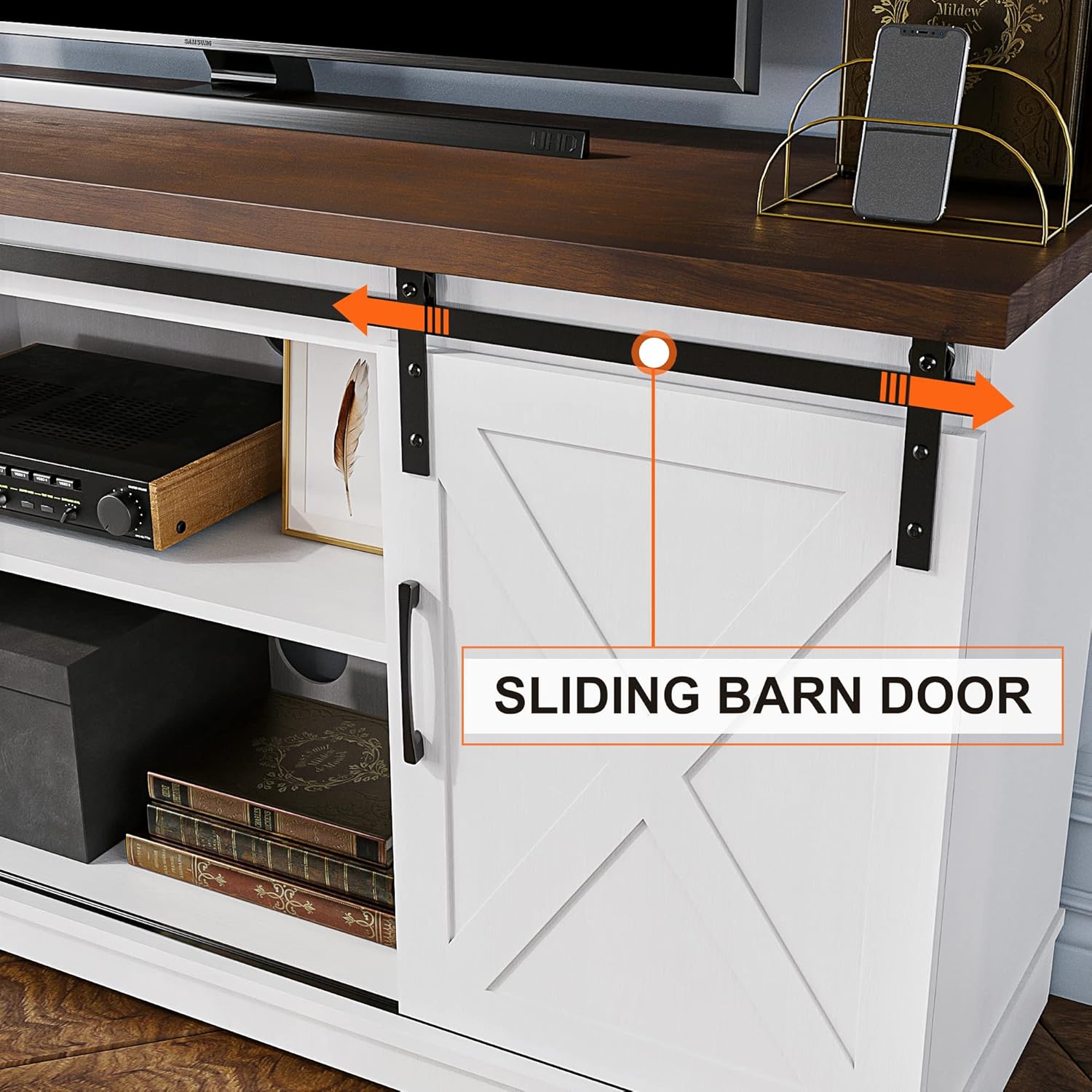 IDEALHOUSE Farmhouse TV Stand for 65 Inch TV, Entertainment Center with Storage and Sliding Barn Doors, Modern Media TV Console TV Stands for Living Room Bedroom (White) - Grand Goldman