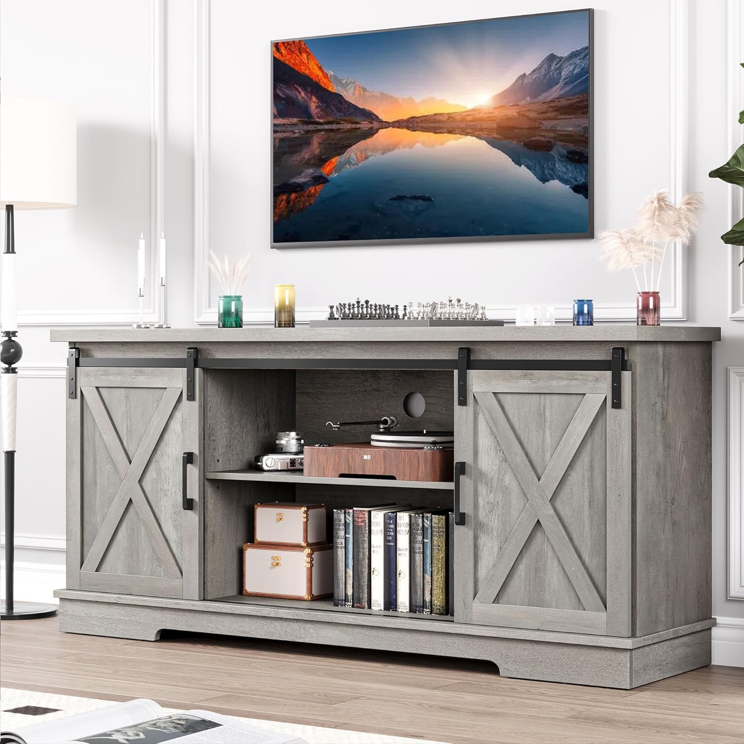 IDEALHOUSE Farmhouse TV Stand for 65 Inch TV, Entertainment Center with Storage and Sliding Barn Doors, Modern Media TV Console TV Stands for Living Room Bedroom (White) - Grand Goldman