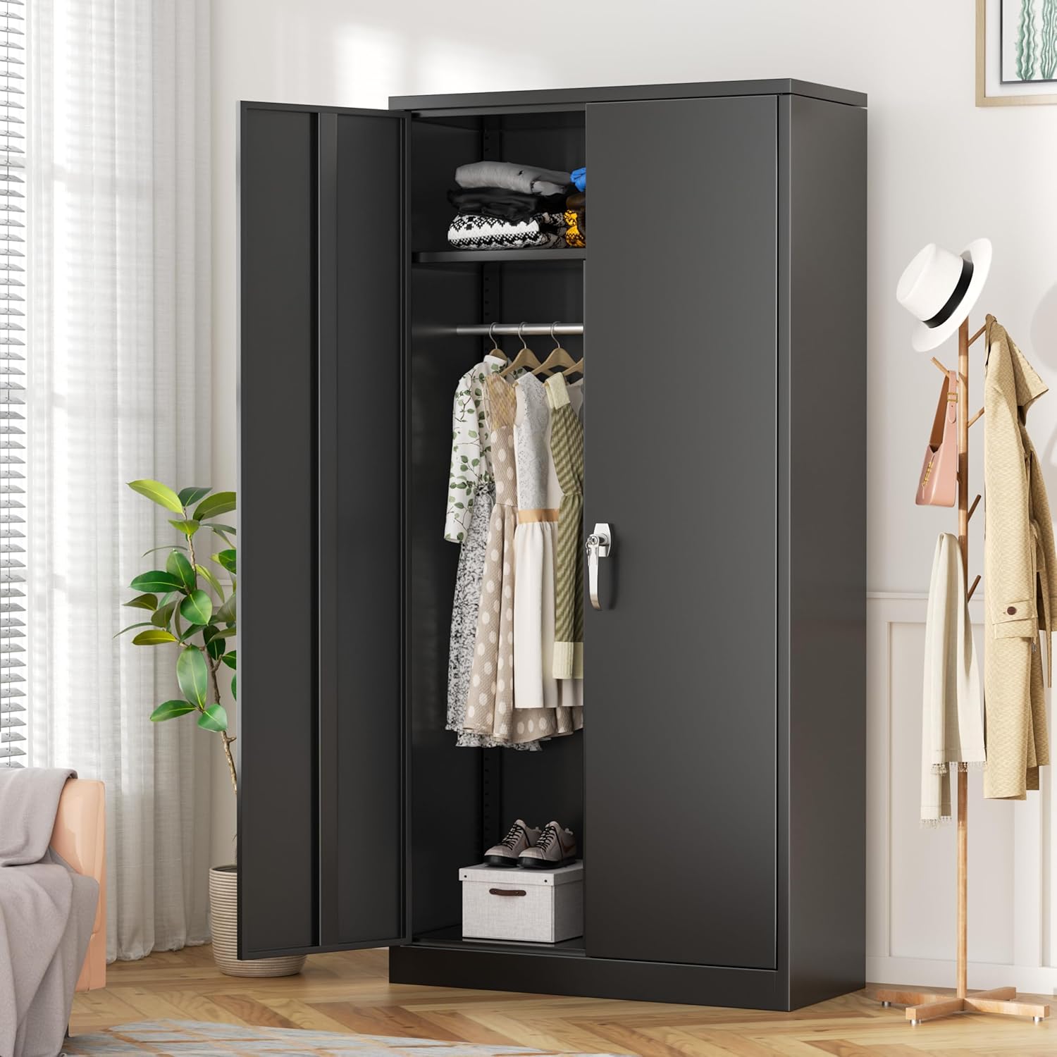 INTERGREAT 72”Tall Storage Cabinet, Wood Wardrobe Closet with 2 Barn Doors and Adjustable Shelves, Large Pantry Cabinet for Bedroom, Bathroom, Kitchen,Black - Grand Goldman