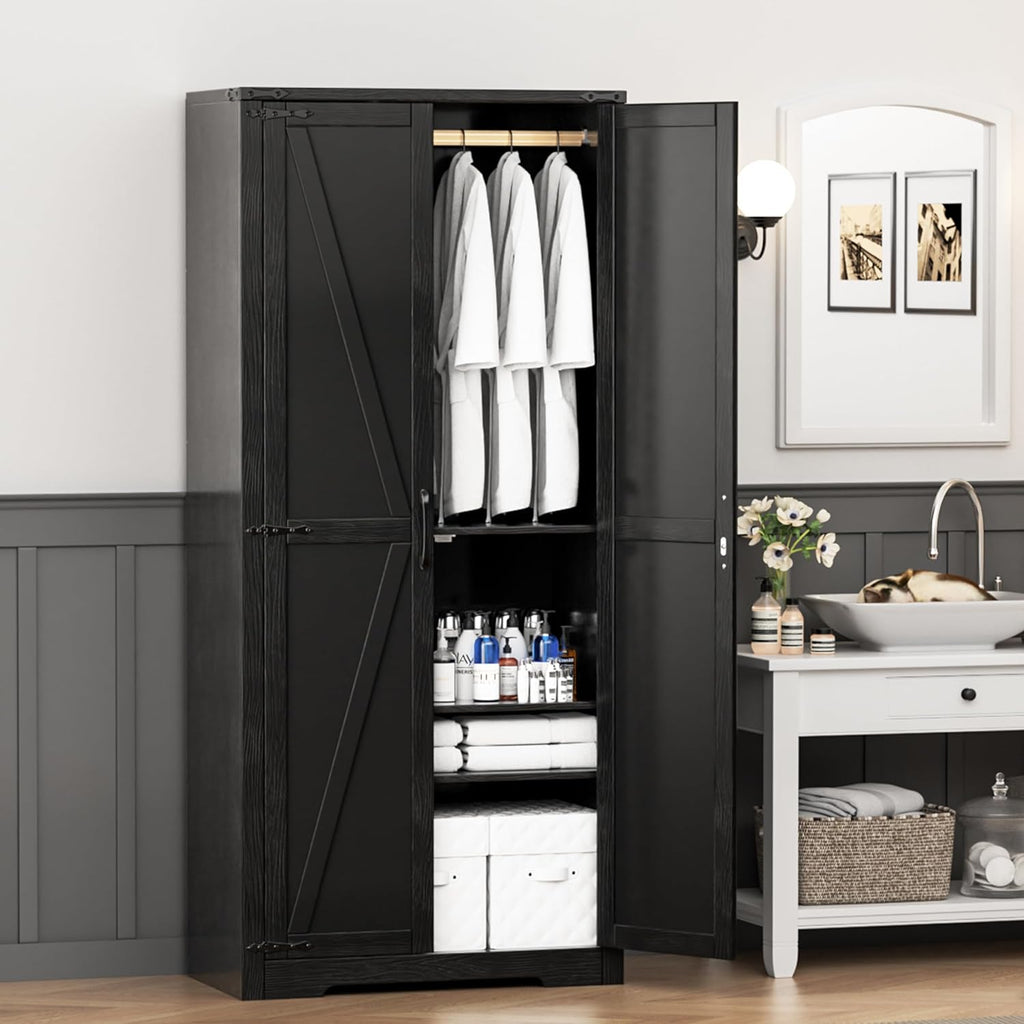 INTERGREAT 72”Tall Storage Cabinet, Wood Wardrobe Closet with 2 Barn Doors and Adjustable Shelves, Large Pantry Cabinet for Bedroom, Bathroom, Kitchen,Black - Grand Goldman