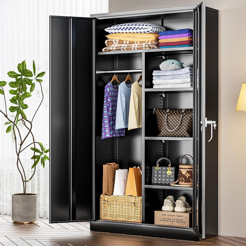 INTERGREAT 72”Tall Storage Cabinet, Wood Wardrobe Closet with 2 Barn Doors and Adjustable Shelves, Large Pantry Cabinet for Bedroom, Bathroom, Kitchen,Black - Grand Goldman