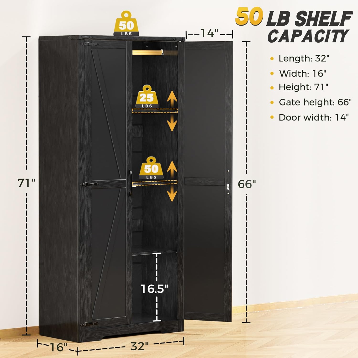 INTERGREAT 72”Tall Storage Cabinet, Wood Wardrobe Closet with 2 Barn Doors and Adjustable Shelves, Large Pantry Cabinet for Bedroom, Bathroom, Kitchen,Black - Grand Goldman
