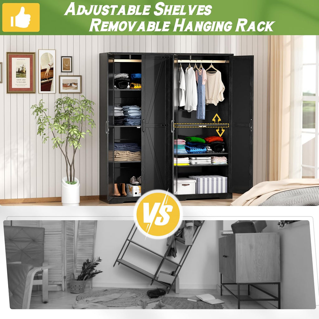 INTERGREAT 72”Tall Storage Cabinet, Wood Wardrobe Closet with 2 Barn Doors and Adjustable Shelves, Large Pantry Cabinet for Bedroom, Bathroom, Kitchen,Black - Grand Goldman