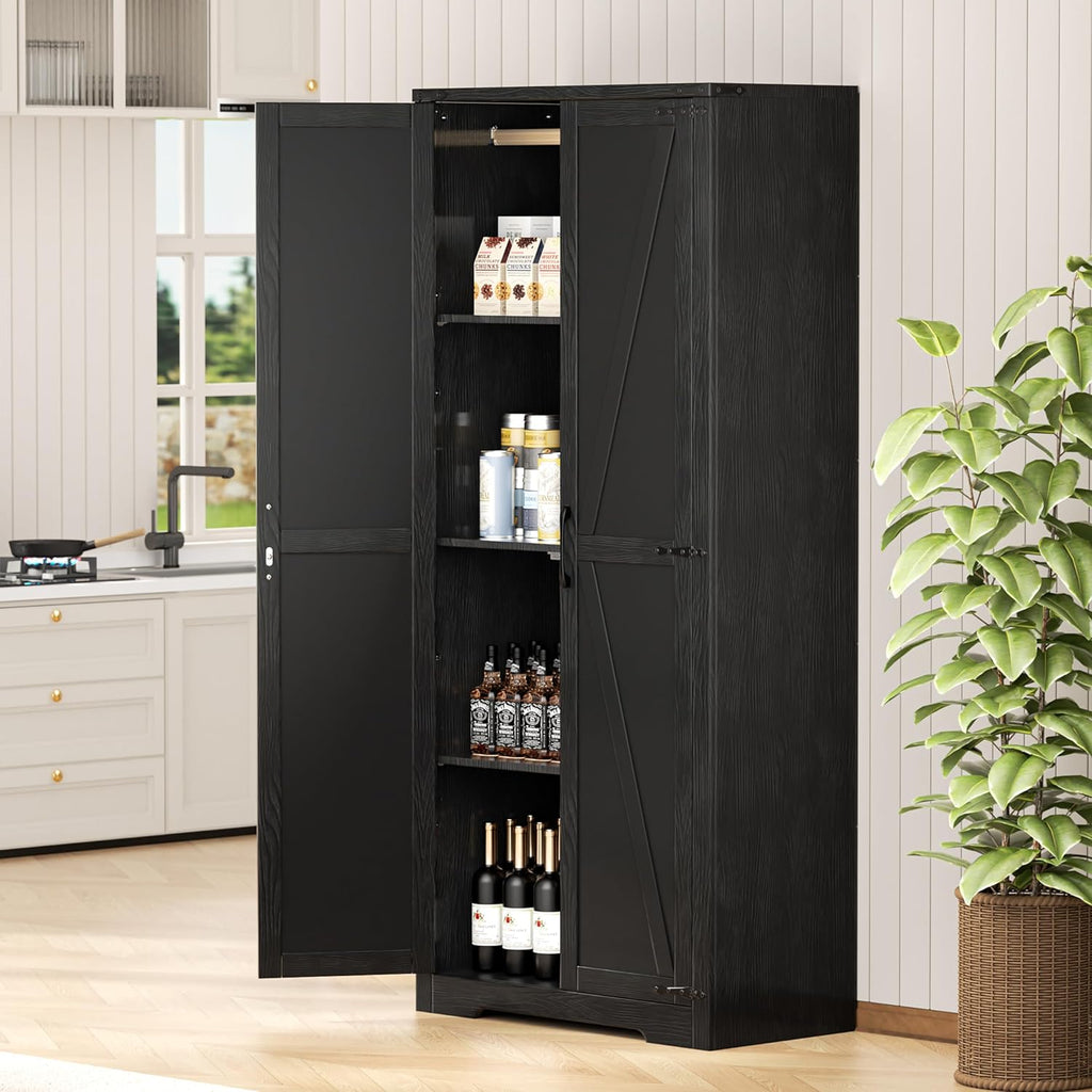 INTERGREAT 72”Tall Storage Cabinet, Wood Wardrobe Closet with 2 Barn Doors and Adjustable Shelves, Large Pantry Cabinet for Bedroom, Bathroom, Kitchen,Black - Grand Goldman