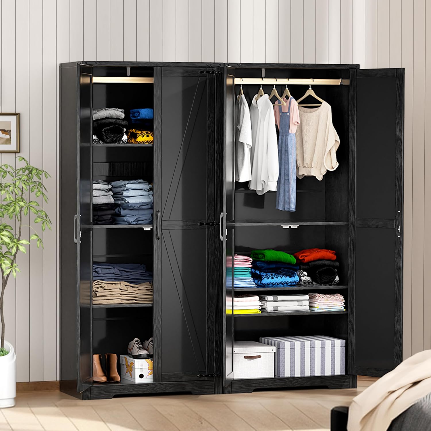 INTERGREAT 72”Tall Storage Cabinet, Wood Wardrobe Closet with 2 Barn Doors and Adjustable Shelves, Large Pantry Cabinet for Bedroom, Bathroom, Kitchen,Black - Grand Goldman