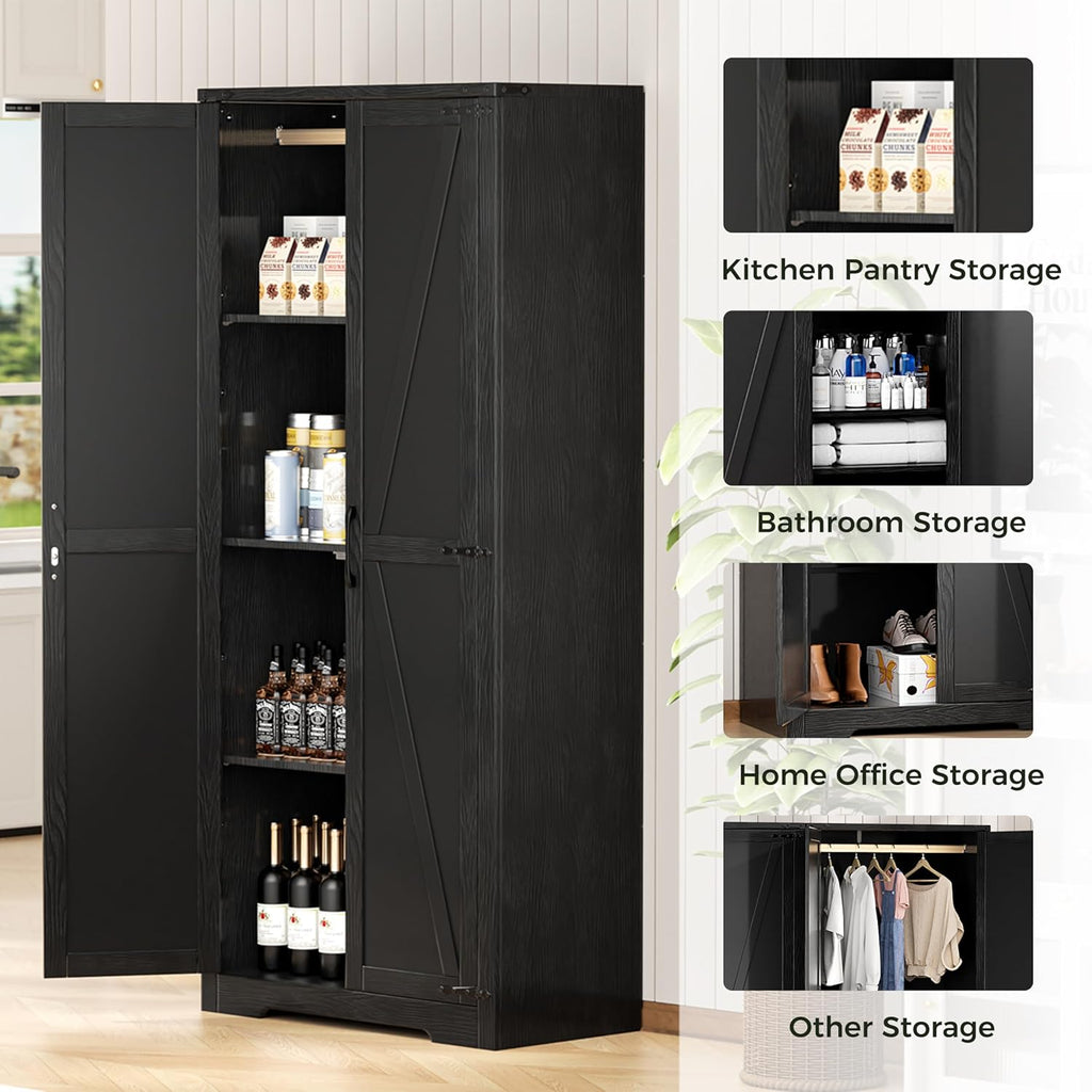 INTERGREAT 72”Tall Storage Cabinet, Wood Wardrobe Closet with 2 Barn Doors and Adjustable Shelves, Large Pantry Cabinet for Bedroom, Bathroom, Kitchen,Black - Grand Goldman