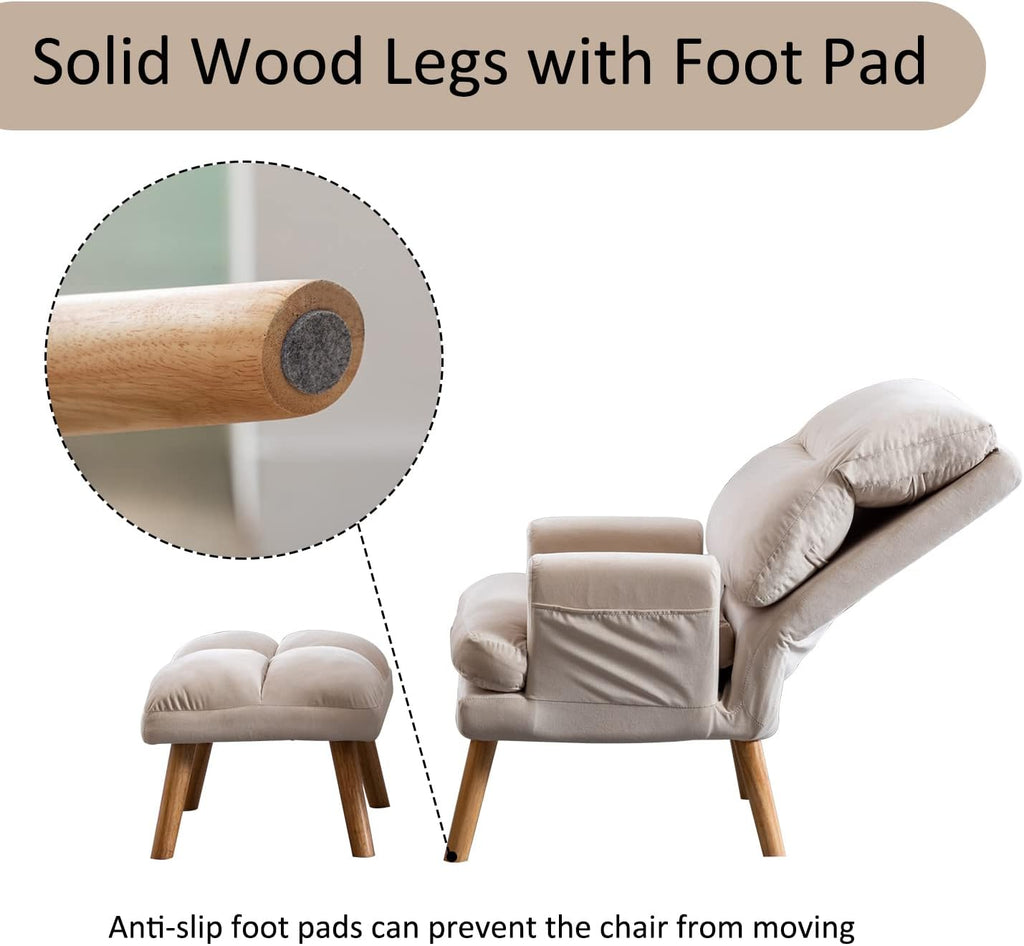 INZOY Accent Chairs with Ottoman, Velvet Fabric Armchair with Ottoman for Bedroom Living Room, Mid Century Modern Chair with Adjustable Backrest and Side Pockets, Beige - Grand Goldman