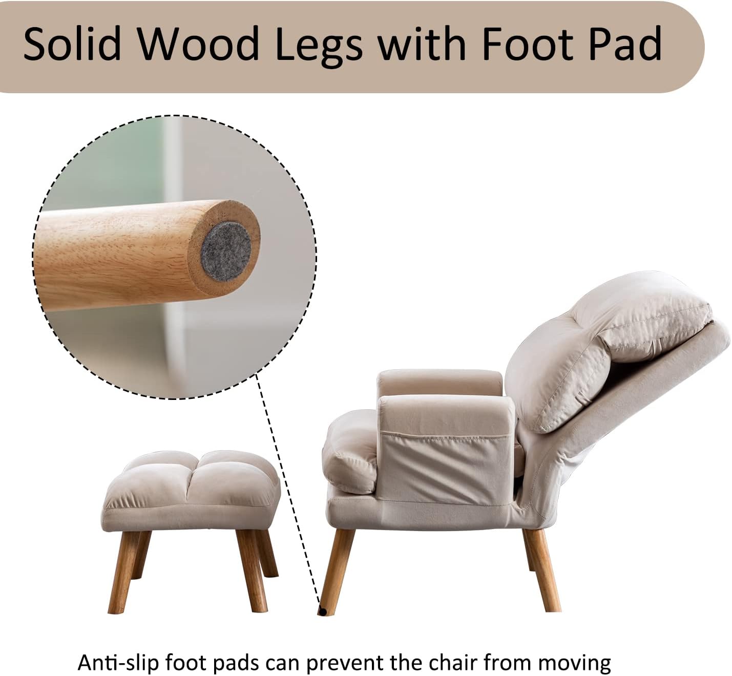 INZOY Accent Chairs with Ottoman, Velvet Fabric Armchair with Ottoman for Bedroom Living Room, Mid Century Modern Chair with Adjustable Backrest and Side Pockets, Beige - Grand Goldman