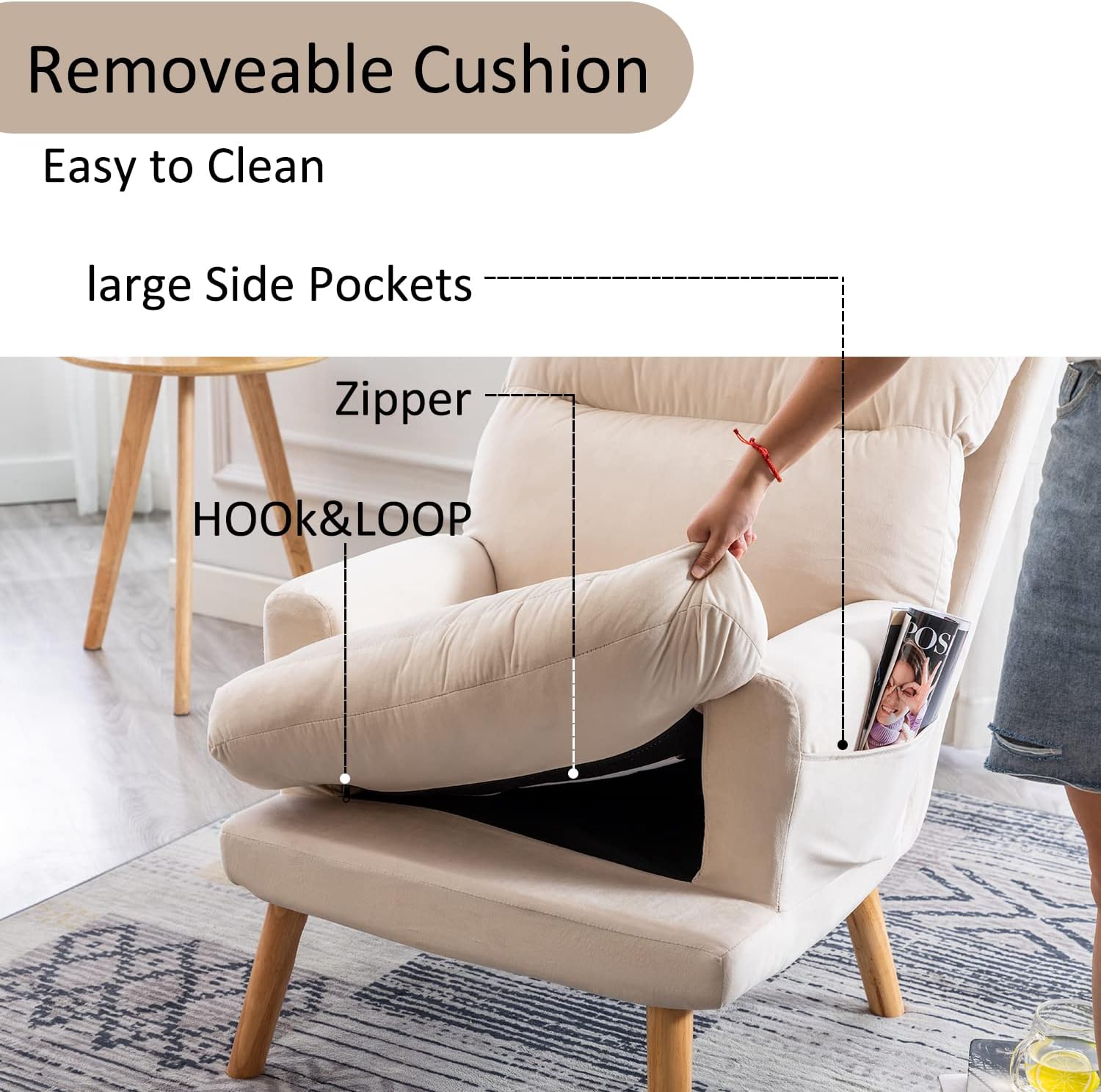 INZOY Accent Chairs with Ottoman, Velvet Fabric Armchair with Ottoman for Bedroom Living Room, Mid Century Modern Chair with Adjustable Backrest and Side Pockets, Beige - Grand Goldman