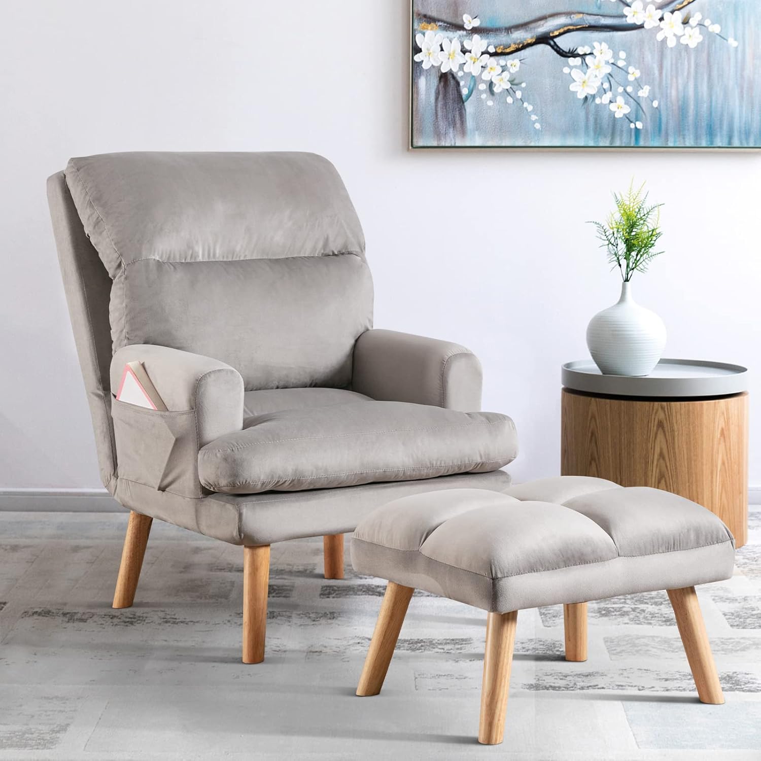 INZOY Accent Chairs with Ottoman, Velvet Fabric Armchair with Ottoman for Bedroom Living Room, Mid Century Modern Chair with Adjustable Backrest and Side Pockets, Beige - Grand Goldman