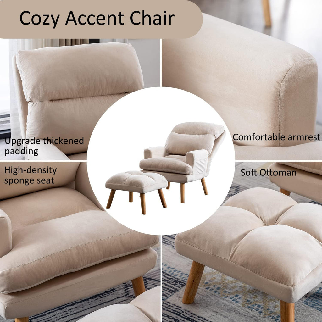 INZOY Accent Chairs with Ottoman, Velvet Fabric Armchair with Ottoman for Bedroom Living Room, Mid Century Modern Chair with Adjustable Backrest and Side Pockets, Beige - Grand Goldman
