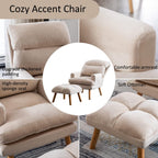 INZOY Accent Chairs with Ottoman, Velvet Fabric Armchair with Ottoman for Bedroom Living Room, Mid Century Modern Chair with Adjustable Backrest and Side Pockets, Beige - Grand Goldman