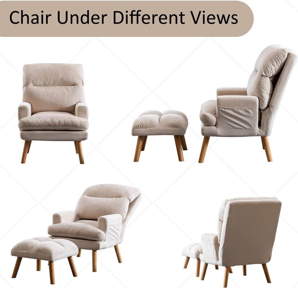 INZOY Accent Chairs with Ottoman, Velvet Fabric Armchair with Ottoman for Bedroom Living Room, Mid Century Modern Chair with Adjustable Backrest and Side Pockets, Beige - Grand Goldman