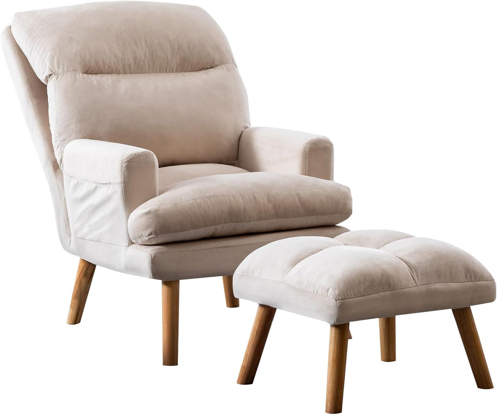 INZOY Accent Chairs with Ottoman, Velvet Fabric Armchair with Ottoman for Bedroom Living Room, Mid Century Modern Chair with Adjustable Backrest and Side Pockets, Beige - Grand Goldman