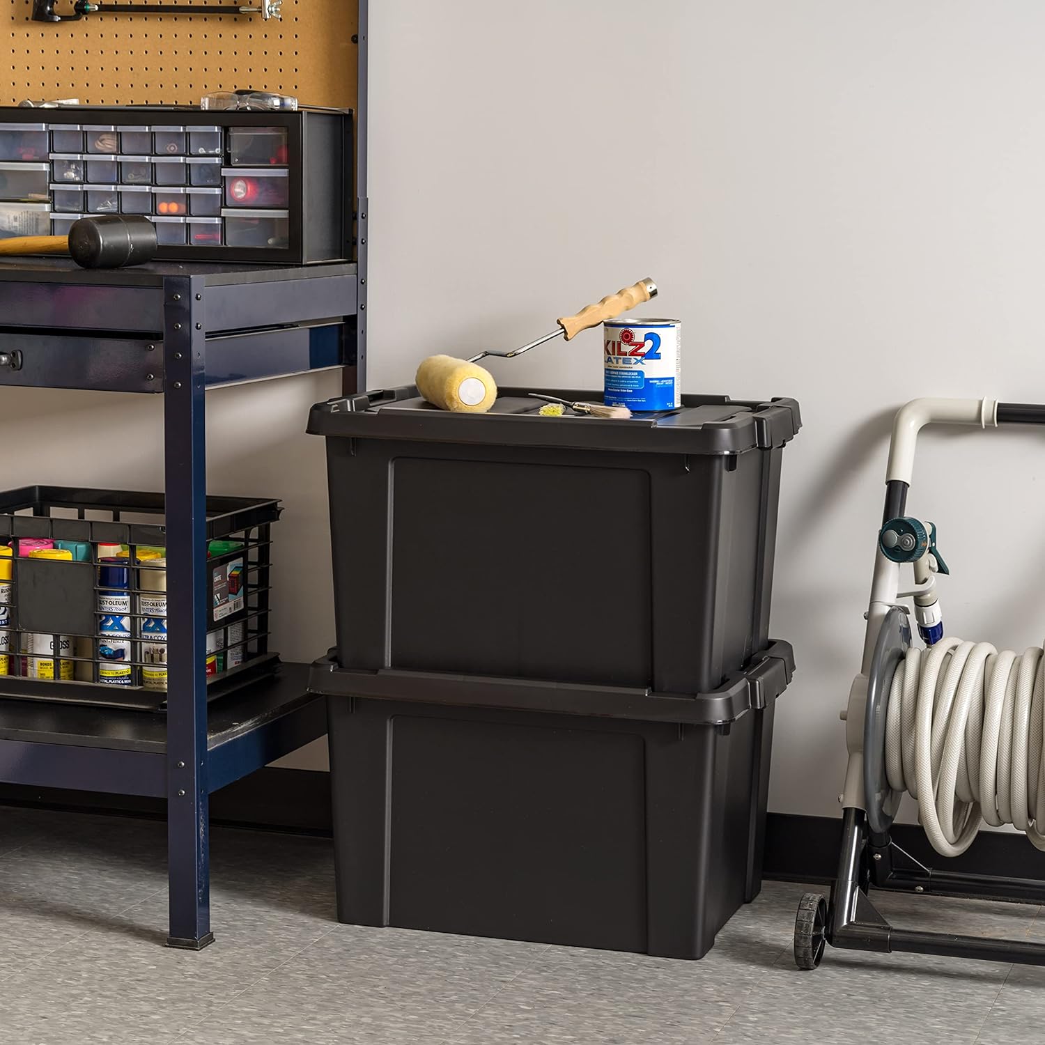 IRIS USA 20 Gallon Lockable Storage Bins with Lids, 6 Pack - Made in USA, Heavy Duty, Stackable Containers, Garage Organizing Bins Moving Tubs, Rugged Sturdy Equipment Utility Box - Black - Grand Goldman