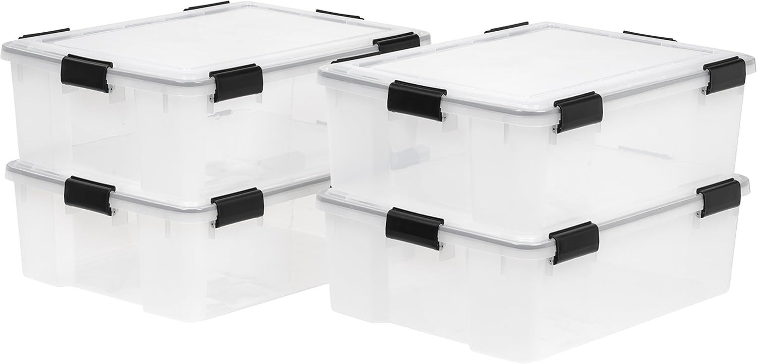 IRIS USA 54 Quart Stackable Plastic Storage Bins with Lids and Latching Buckles, 6 Pack - Clear, Containers with Lids and Latches, Durable Nestable Closet, Garage, Totes, Tubs Boxes Organizing - Grand Goldman