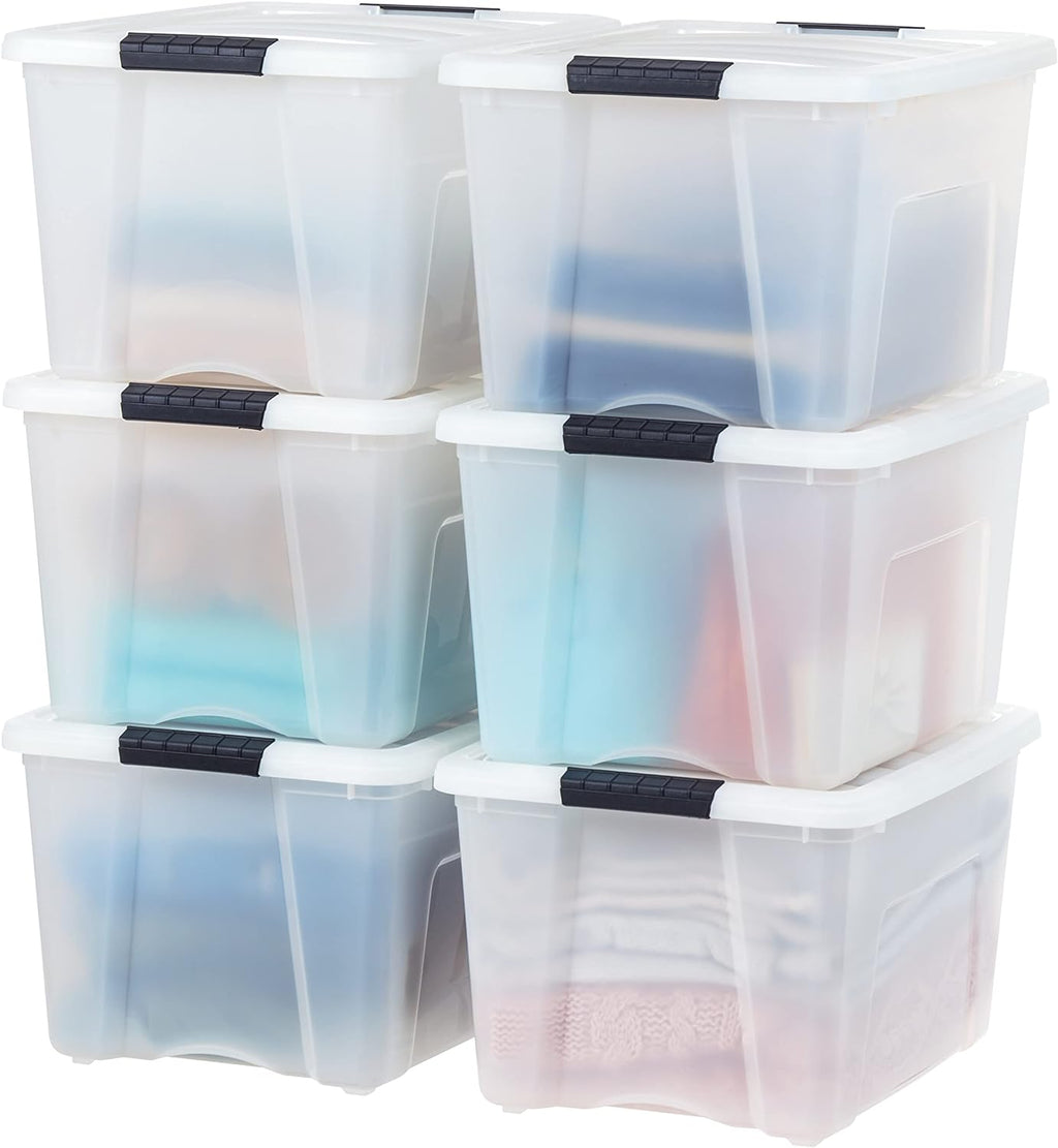 IRIS USA 6 Quart Stackable Plastic Storage Bins with Lids, 10 Pack - BPA-Free, Made in USA - See-Through Organizing Solution, Latches, Durable Nestable Containers, Secure Pull Handle - Clear/Black - Grand Goldman