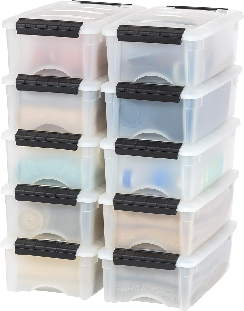 IRIS USA 6 Quart Stackable Plastic Storage Bins with Lids, 10 Pack - BPA-Free, Made in USA - See-Through Organizing Solution, Latches, Durable Nestable Containers, Secure Pull Handle - Clear/Black - Grand Goldman