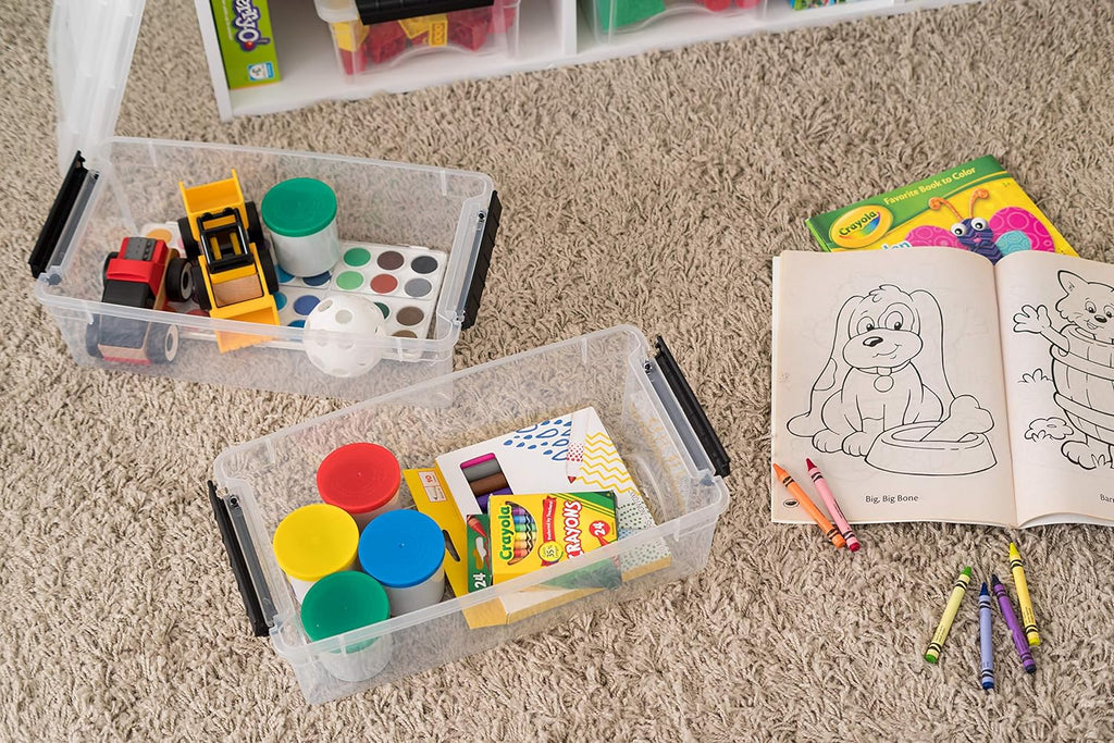 IRIS USA 6 Quart Stackable Plastic Storage Bins with Lids, 10 Pack - BPA-Free, Made in USA - See-Through Organizing Solution, Latches, Durable Nestable Containers, Secure Pull Handle - Clear/Black - Grand Goldman