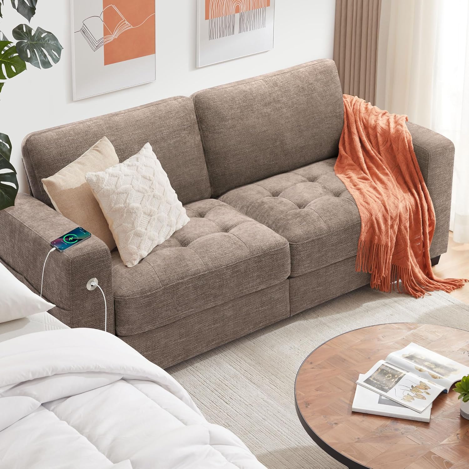 Ihanherry 89" Modern Sofa 3-Seats Couches for Living Room, Chenille Sofas with Extra Large Seat Width & Depth, USB/Type-C Charging Port & Side Pocket, Removable Medium Firm Sofa Cushion(Beige) - Grand Goldman