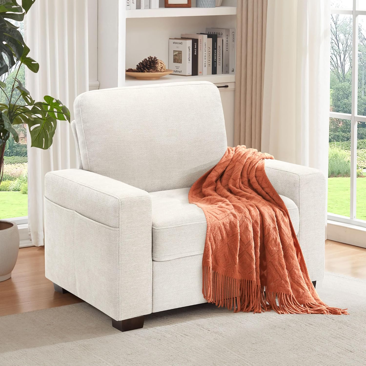 Ihanherry 89" Modern Sofa 3-Seats Couches for Living Room, Chenille Sofas with Extra Large Seat Width & Depth, USB/Type-C Charging Port & Side Pocket, Removable Medium Firm Sofa Cushion(Beige) - Grand Goldman