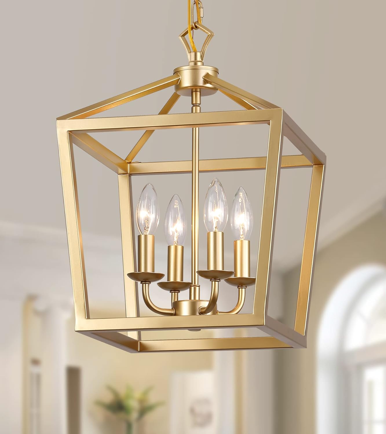 Industrial 4 Lights Chandelier, Gold Lantern Ceiling Light Fixtures with Rustic Metal Cage Adjustable Height Farmhouse Geometric Hanging Light for Kitchen Island, Dining Room, Entryway, UL Listed - Grand Goldman