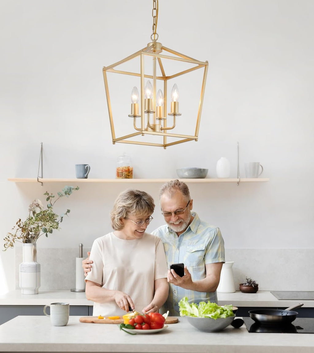 Industrial 4 Lights Chandelier, Gold Lantern Ceiling Light Fixtures with Rustic Metal Cage Adjustable Height Farmhouse Geometric Hanging Light for Kitchen Island, Dining Room, Entryway, UL Listed - Grand Goldman